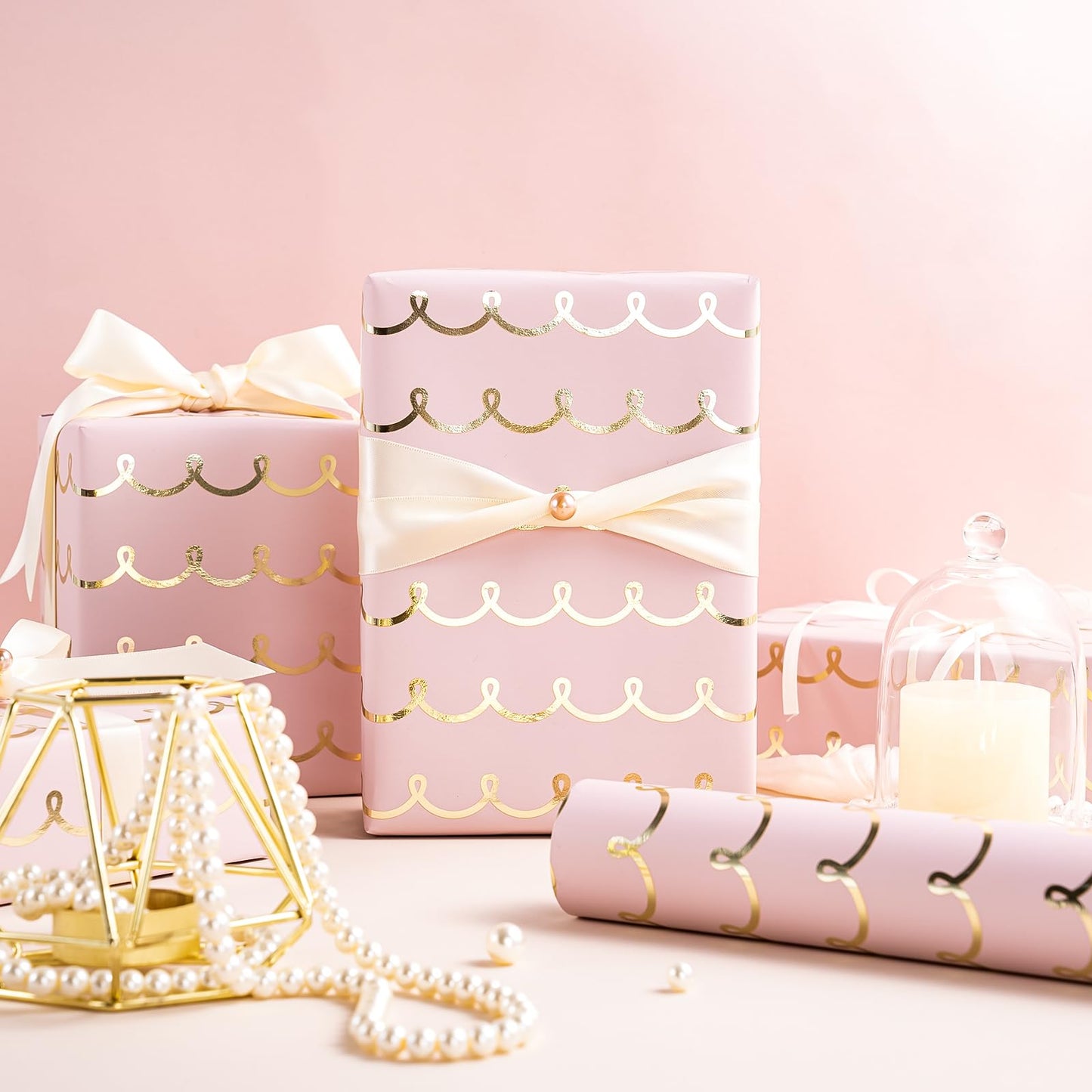 Pink Wrapping Paper Roll - Mini Roll - 17 Inch x 33 Feet - Metallic Foil Chic Classic Pink and Gold Wedding Wrapping Paper for Birthday, Wedding, Baby Shower, Valentine's Day