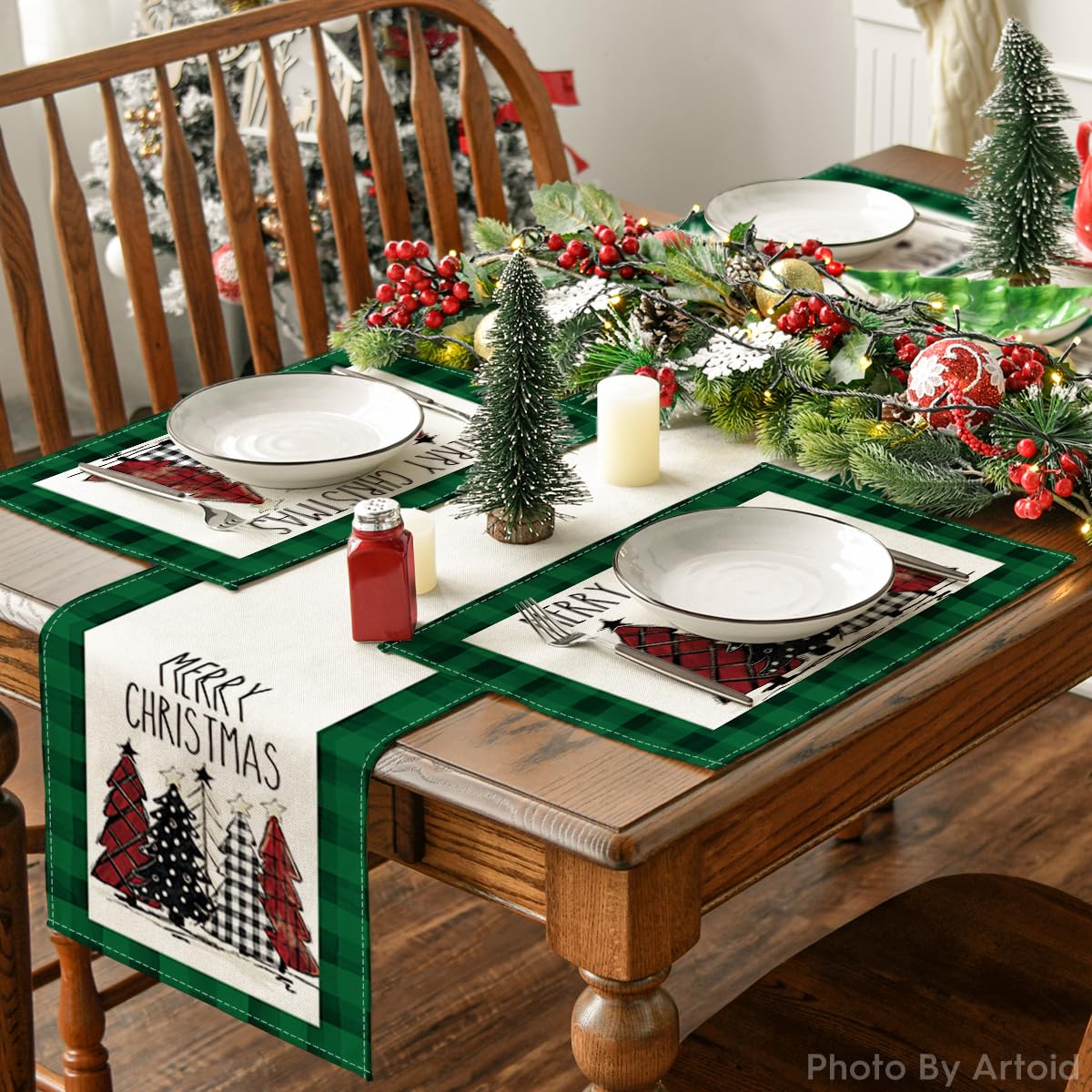 Artoid Mode Waterclor Green Buffalo Plaid Christmas Trees Placemats Set of 6, 12x18 Inch Winter Table Mats for Outdoor Home Party Kitchen Dining Decor