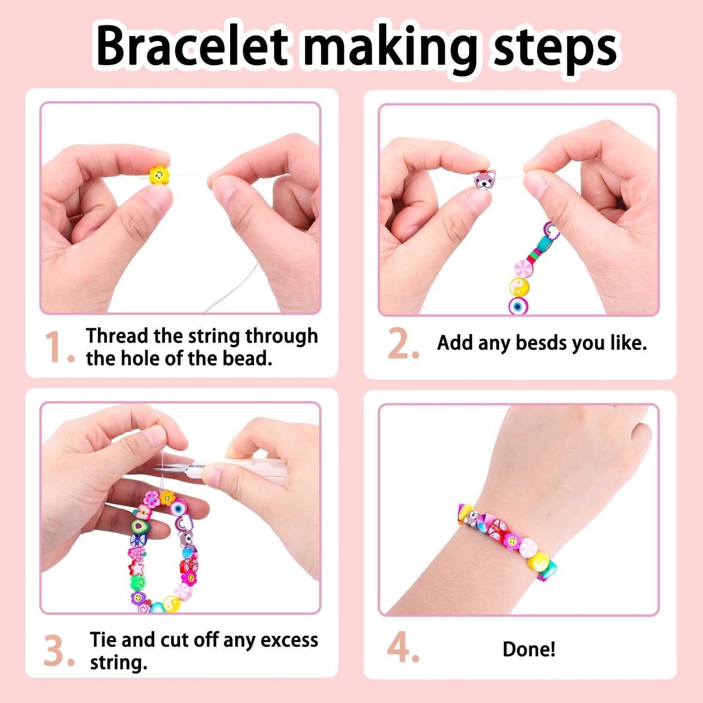 DULEFUN 300PCS Clay Beads Charms,Fruit Flower Letter Beads Soft Beads for Women Girls Bracelet Making DIY Bracelet Necklace Earring Accessories with 4m Crystal Elastic String