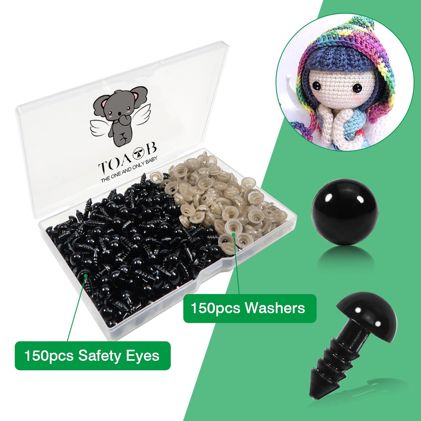 TOAOB 150pcs 8mm Black Plastic Safety Eyes Crafts Safety Eyes with 150pcs Washers for Stuffed Animals Amigurumis Crochet Bears Doll Making