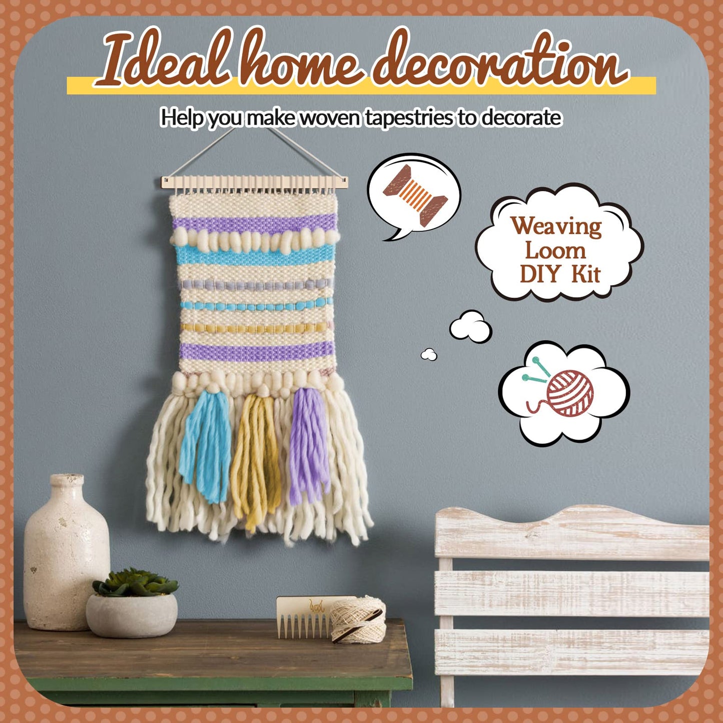 7 Pcs Weaving Loom Kit Small Weaving Loom for Beginners Wooden DIY with Wooden Stick, Comb, Crochet Needle for Adults Beginners Lovers