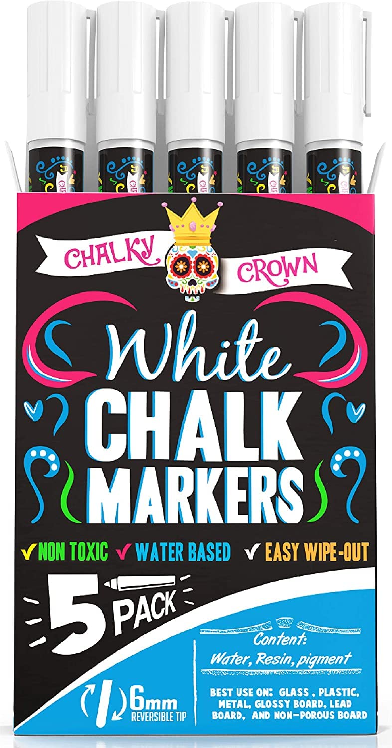 CHALKY CROWN Liquid Chalk Marker Pen - White Drawing Chalk - Chalkboard Markers for Chalkboard Signs, Windows, Blackboard, Glass - 6mm Reversible Tip (5 Pack) - 24 Chalkboard Labels Included