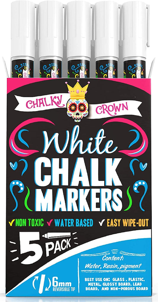 CHALKY CROWN Liquid Chalk Marker Pen - White Drawing Chalk - Chalkboard Markers for Chalkboard Signs, Windows, Blackboard, Glass - 6mm Reversible Tip (5 Pack) - 24 Chalkboard Labels Included