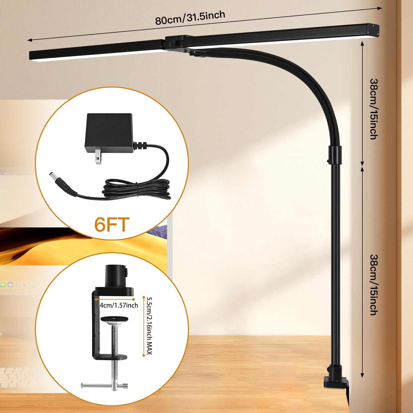 MACASA LED Desk Lamp for Office Dorm Home - Eye Caring Desk Light with Timer, Remote Control 24W Brightest Dual Screen Computer Monitor Gooseneck Dimmable Table lamp with Anti-Glare Cover Clamp