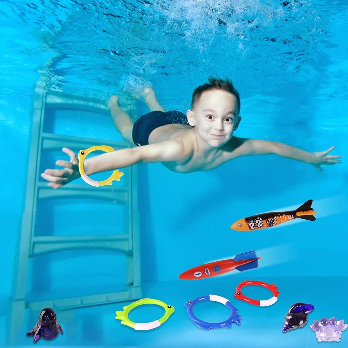 Woplagyreat 40 Pack Summer Pool Diving Toys for Kids Ages 3-12, Fun Swimming Games Sinking Toy Set, Underwater Gifts with Storage Bag Include Gems Shark Rings Sea Animals for Boys Girls