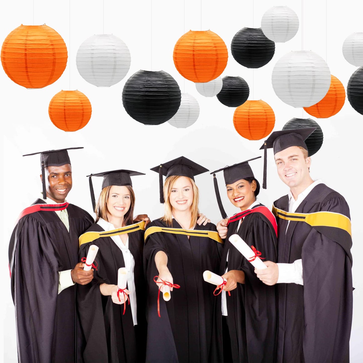 Paper Lanterns Decorative, Round Hanging Lantern for Halloween Thanksgiving Graduation Birthday Party Decorations, Black/Orange/White 9pcs