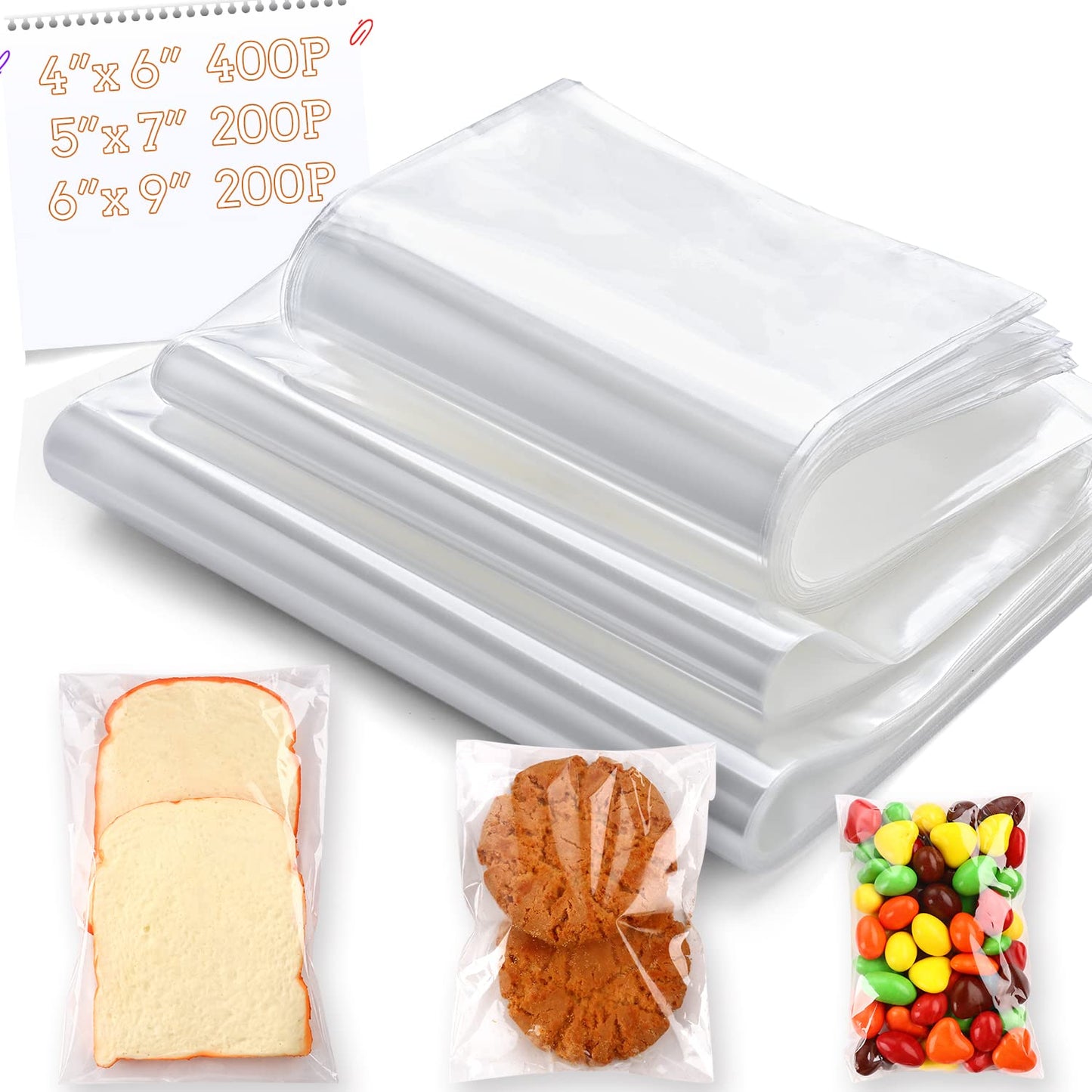 800 PCS Clear Re-sealable Cello/Cellophane Bags 3 Sizes with 4×6, 5×7, 6×9 Inch Good for Bakery, Snacks, Candle, Soap, Cookie, Jewelry, Cards