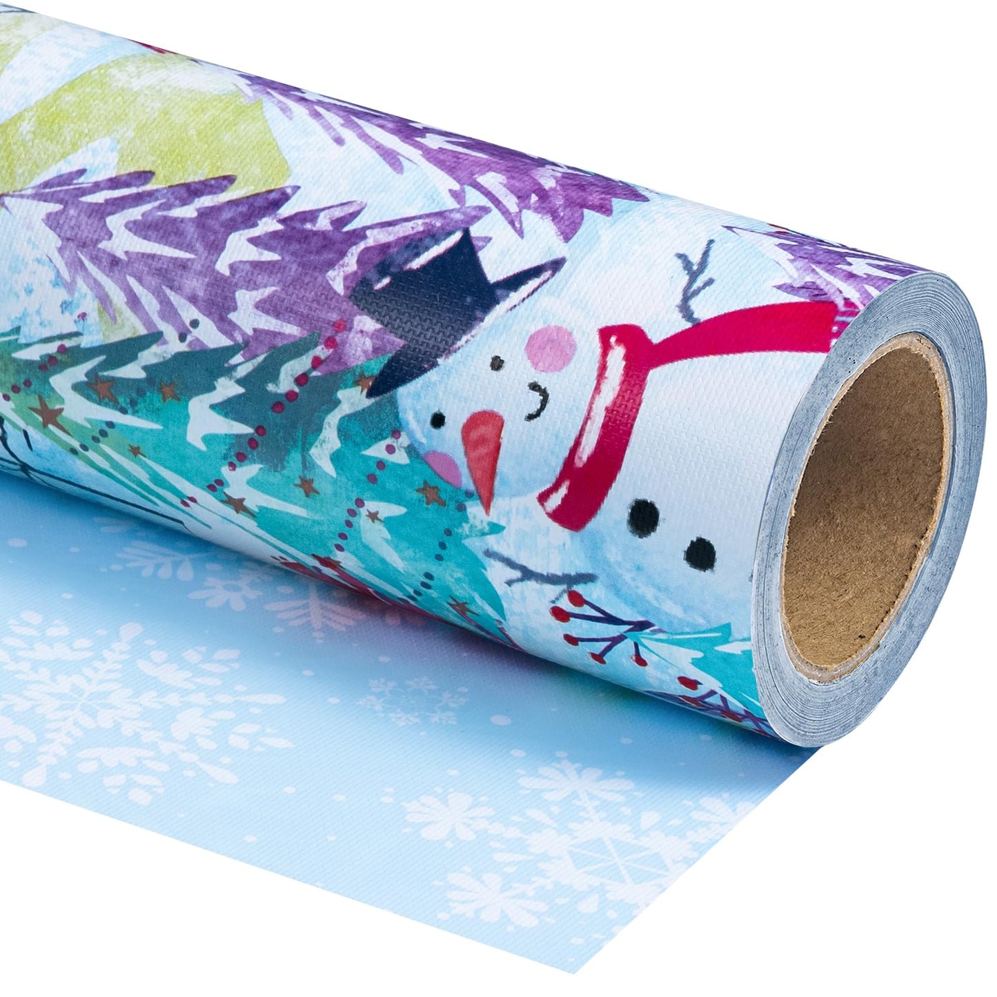 Reversible Christmas Wrapping Paper - Mini Roll - 17 Inch x 33 Feet - Snowman and Snowflake Wrapping Paper with Embossed for Christmas, Holiday, Party