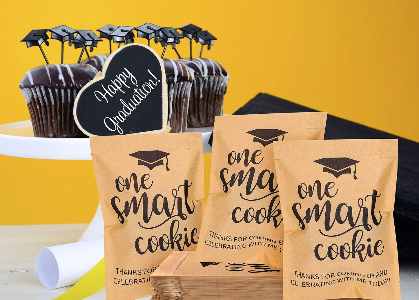 Whaline 100 Pack 2026 Graduation Candy Cookie Gift Bags One Smart Cookie Self-Adhesive Buffet Treat Bag Congrats Grad Kraft Paper Treat Gift Bags for 2026 Graduation Party Decoration Supplies