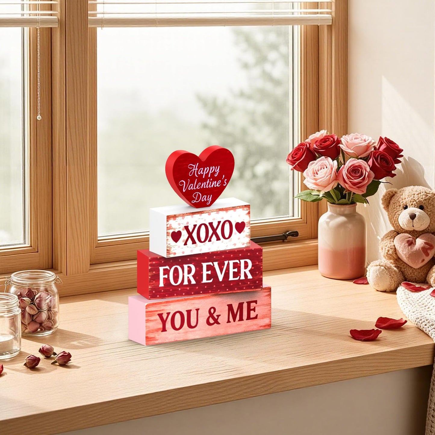 Valentines Day Decorations - 4 Pack Wooden Block Heart Set Signs Valentines Day Table Decor - 7.8 Inch Valentine's Decorations for Home Office Bedroom Tiered Tray Fireplace Mantel