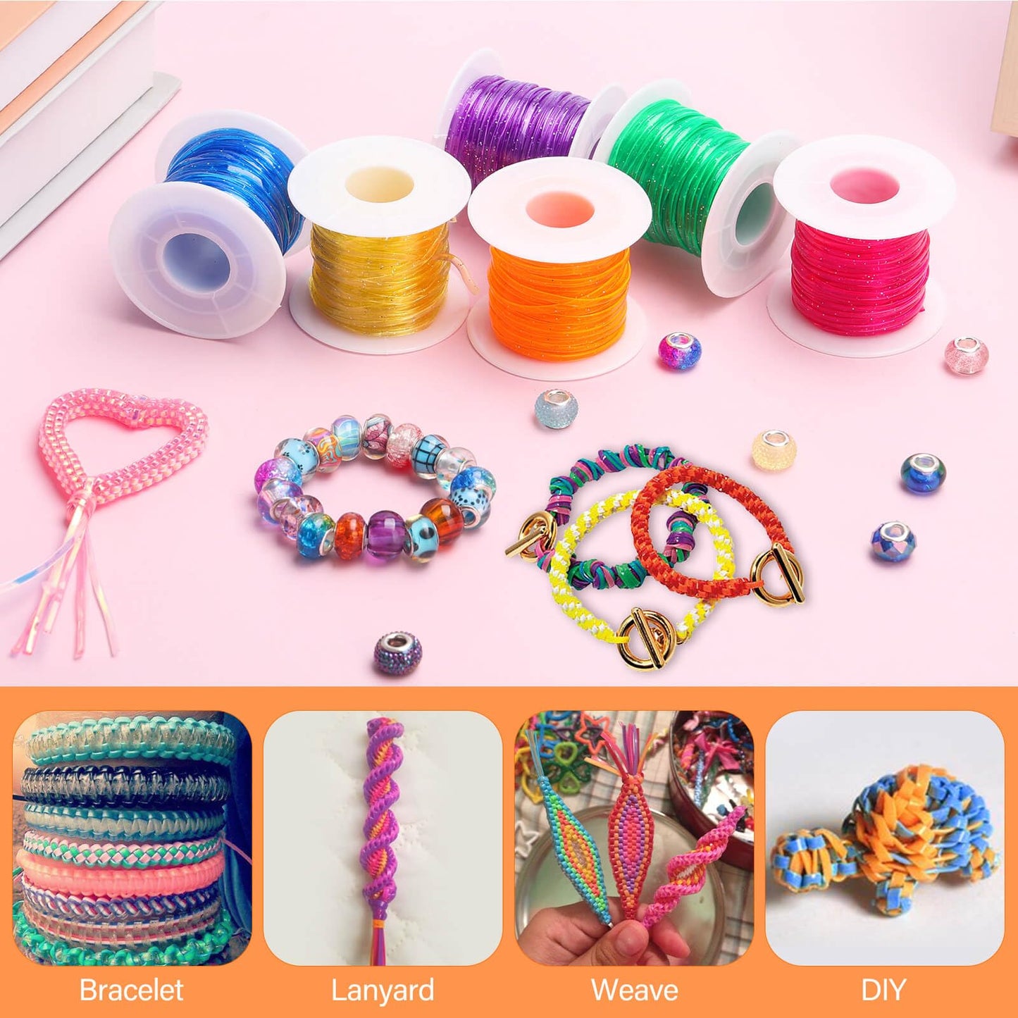 Cridoz 6 Pack Lanyard String Kit, Plastic Lacing Cord Gimp String Lanyard Weaving Kit for Boondoggle, Bracelets, Keychains, Crafts (Glitter)