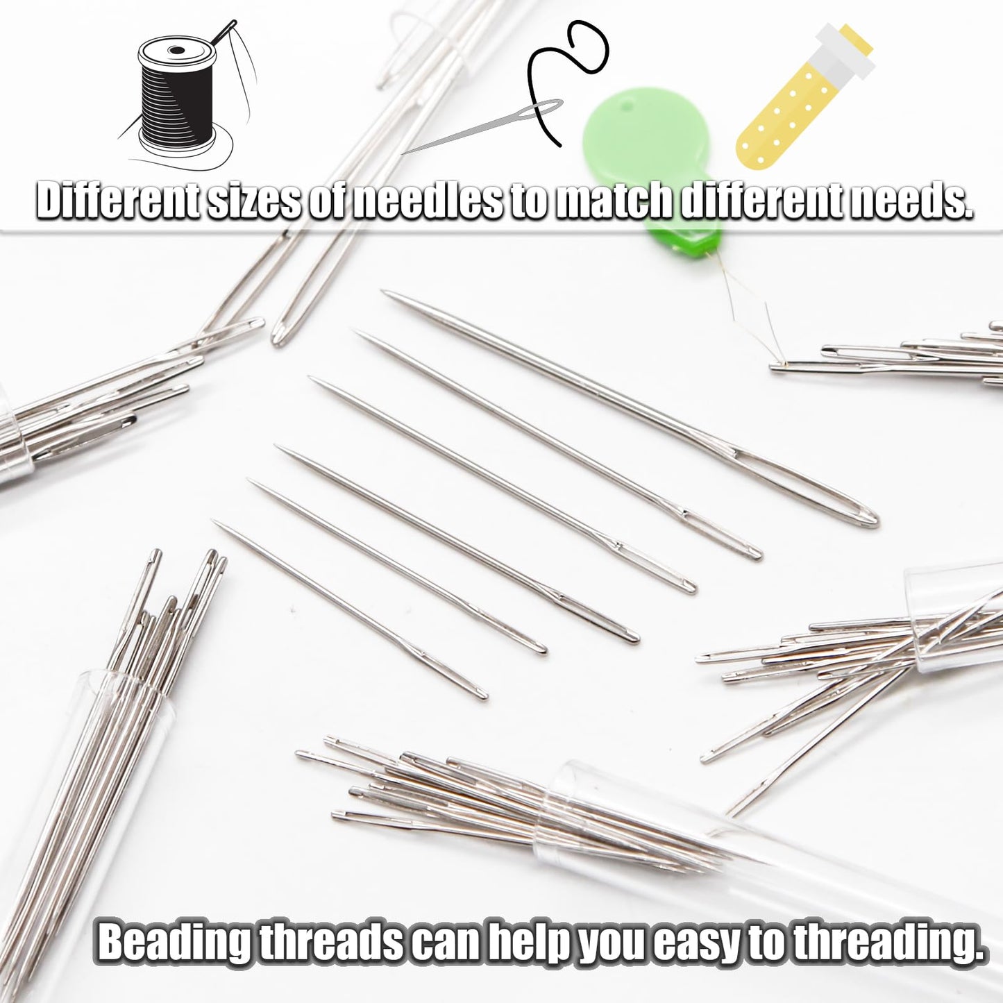 LET’S Beading Large Eye Sewing Needles 6 Sizes Leather Needles Embroidery Thread Needle Sharp Needles Yarn Embroidery Needle with Threader and Needle Bottle for Hand Embroidery DIY Crafting (60Pcs)