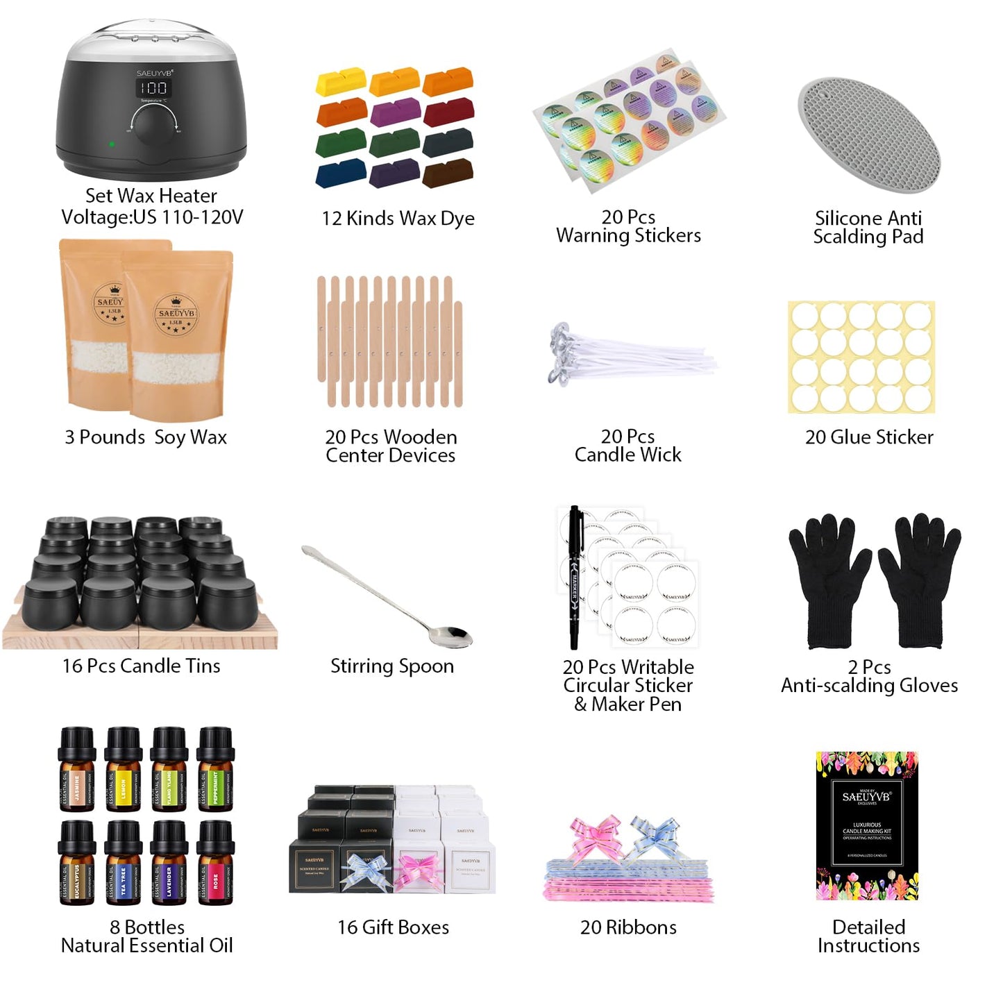 Candle Making Kit for Adults with Hot Plate, DIY Starter Soy Candle Making Supplies/Kit - Perfect as Home Decorations（Black）