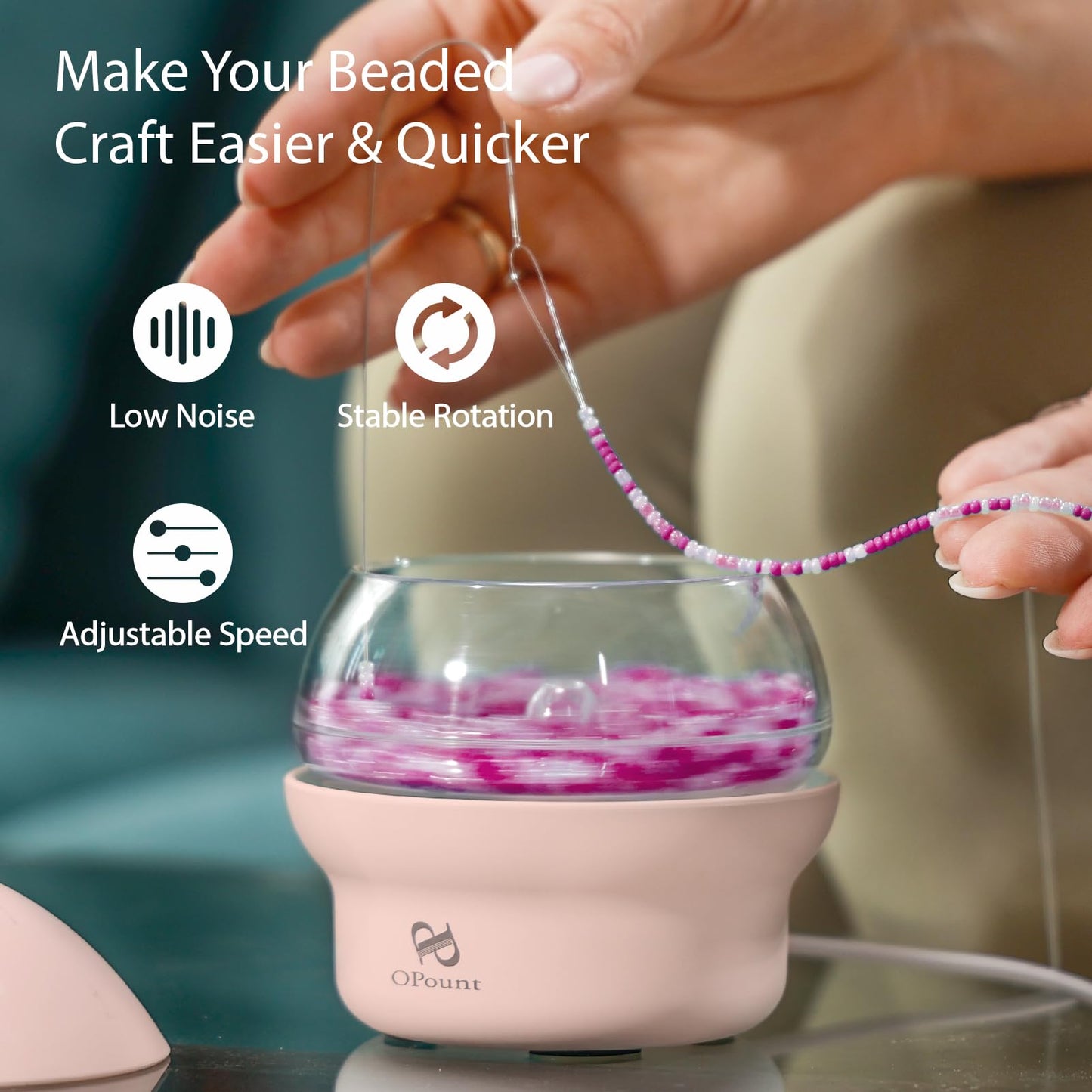 Pink Electric Bead Spinner & 4 PCS 5.3 inch Large Eye Curved Beading Needles, Suitable for Clay Bead, Seed Bead, Round Beads, Bead Spinner for Jewelry Making, Bracelet, Necklace (Patent)