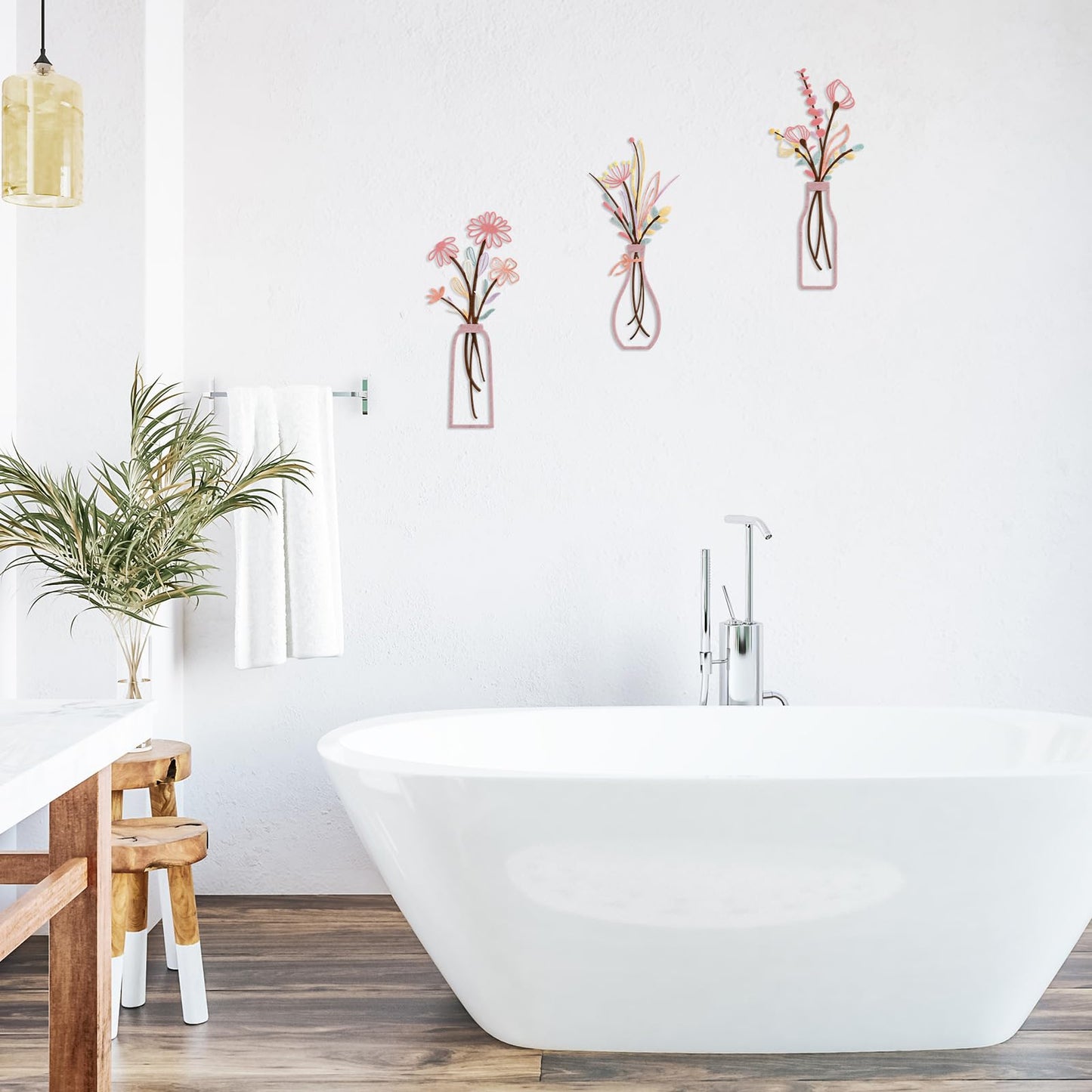 3 Pieces Metal Flowers Wall Arts - Rustic Farmhouse Style Décor Metal Wall Art Black Minimalist Flower Natural Themed Wall Decors for Home Bedroom Dining Room Housewarming (Pinkish)