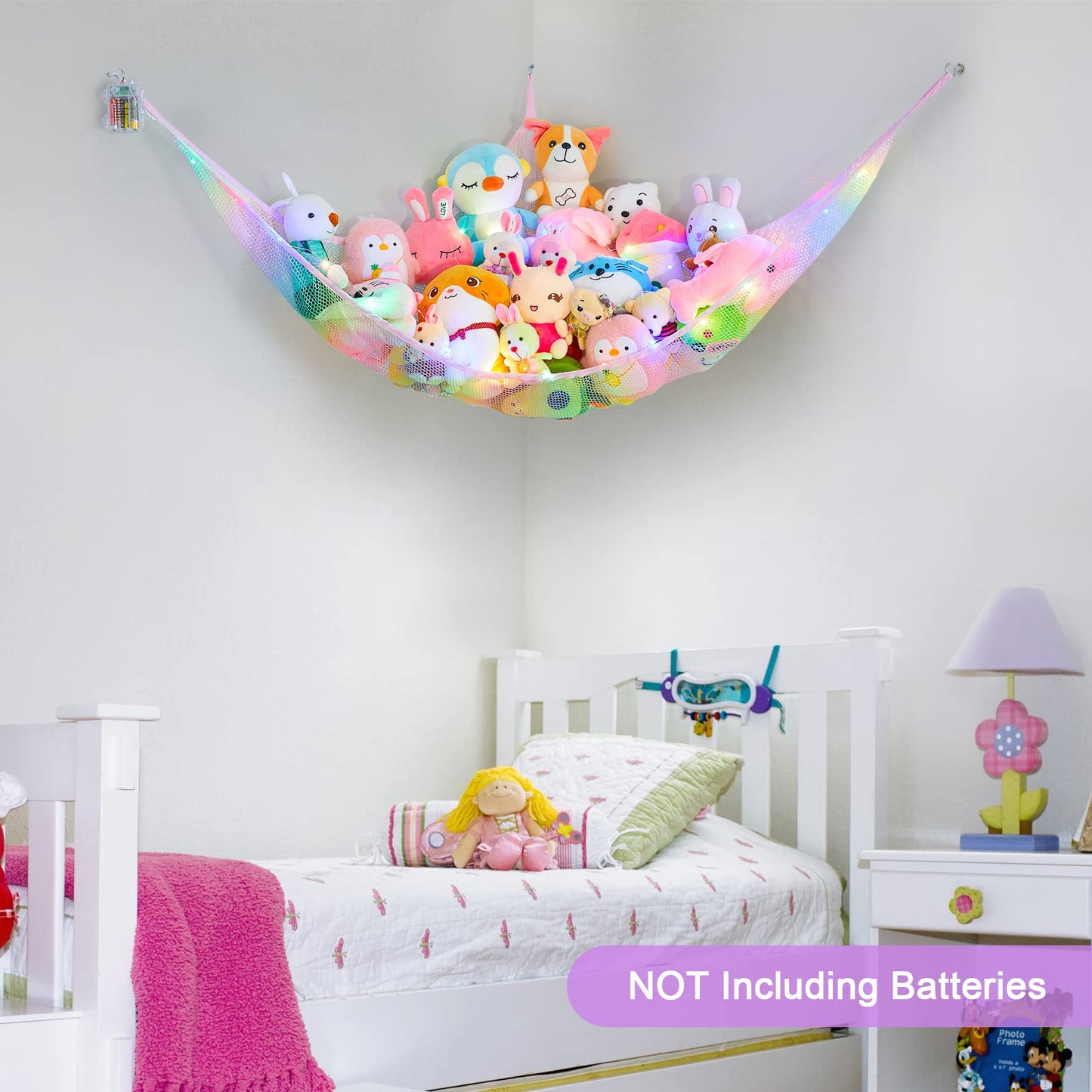 Stuffed Animal Net Hammock Kids Toy Storage with LED Light Plush Toy Organizer Corner Hanging Stuffed Animal Holder For Nursery Kids Girls Room Decor