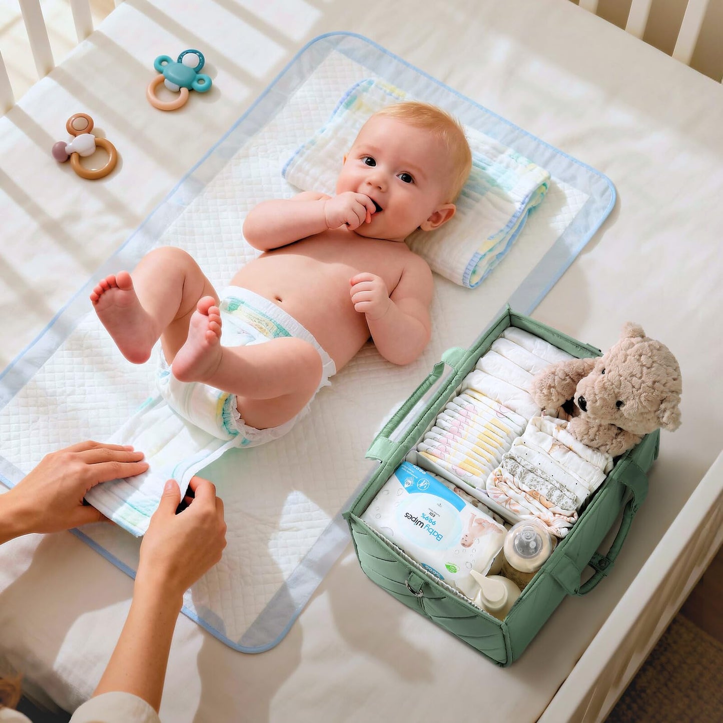 VKSAO Baby Essentials Diaper Caddy Organizer – Portable Storage Basket with Shoulder Strap & Stroller Hooks, Splashproof Quilted Nursery & Car Tote, Gender Neutral Gifts for Baby Shower, Sage Green