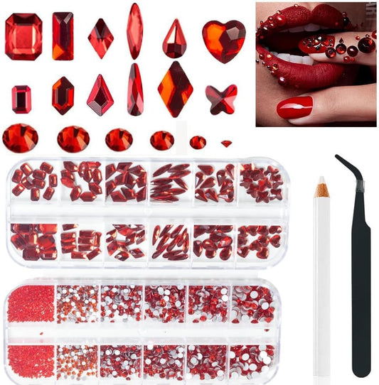 2680 Pcs 3D Red Nail Rhinestones, 120Pcs Big Red Glass Crystal Nail Gems Stones Charms Stones with Bling Diamond Flatback Round Beads, Clear Charm Jewelry for DIY Face Craft Decoration