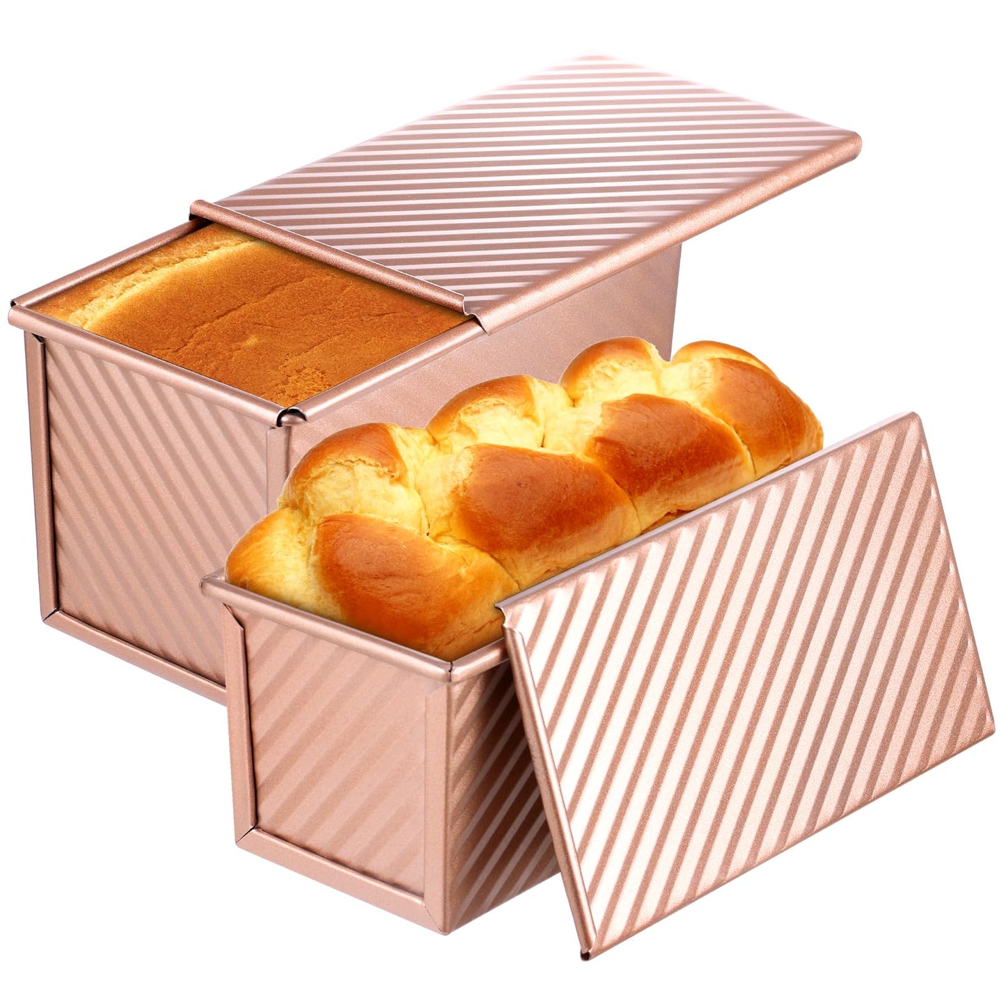 MOJIEZUO 2PCS Pullman Loaf Pan with Lid, 1 lb & 0.5 lb Dough Capacity Non-Stick Bakeware for Baking Bread, Carbon Steel Corrugated Bread Toast Box with Cover for Homemade Sandwich Bread, Rose Gold