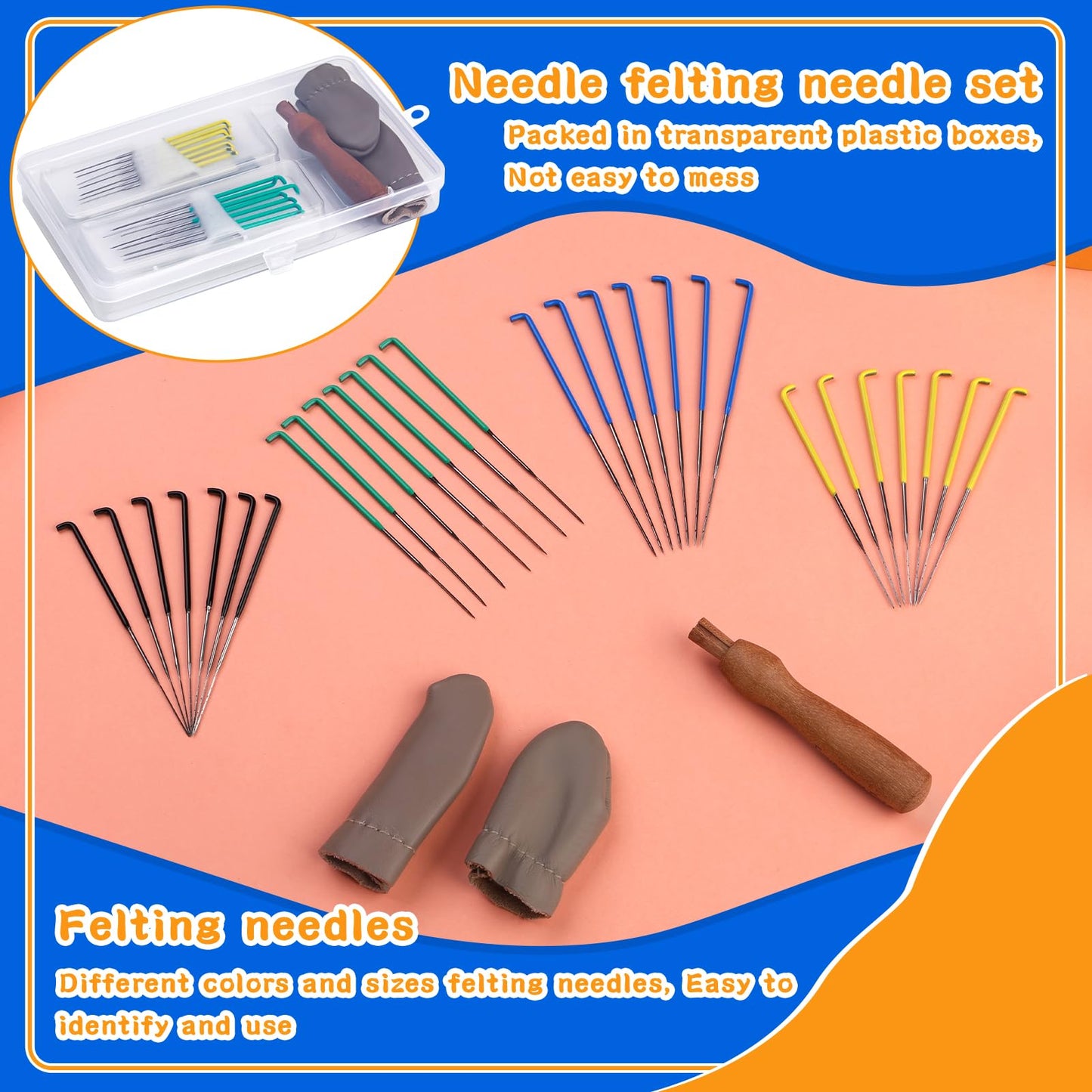 Needle Felting Needles, Needle Felting Tools Set Contains 28 Pcs Felting Needles in 4 Sizes, Wooden Handle, Finger Cots Felting Supplies for Beginners Adult DIY Felting Wool Craft