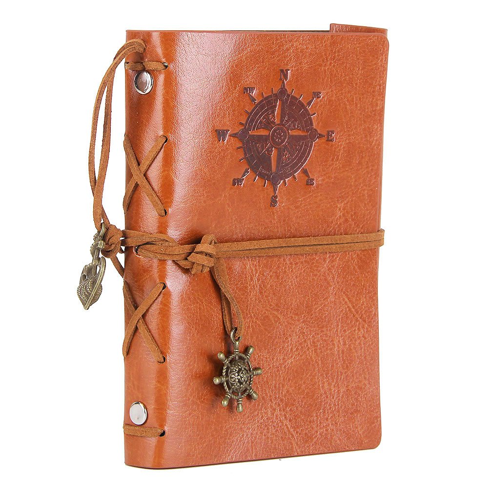 EvZ Vintage Leather Journal - 5" Refillable Coffee Brown Writing Notebook with Nautical Anchor & Rudder Pendants - Small Spiral Blank Sketchbook for Travel, Poetry & Diary - Classic Embossed Art Journal