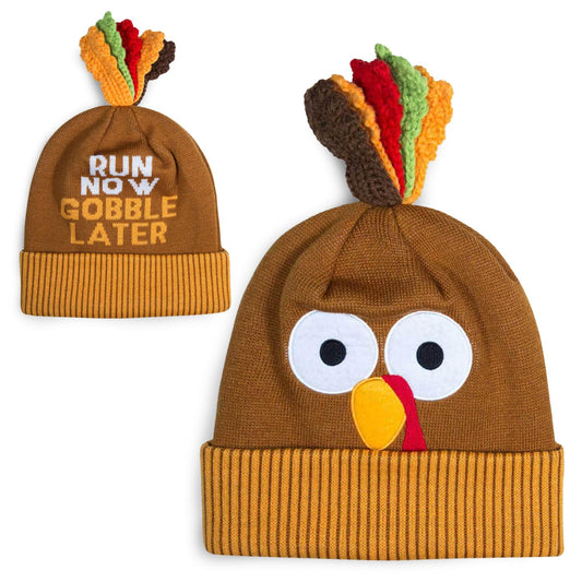 Now Gobble Later Turkey Pom Pom Beanie Hat | Thanksgiving Turkey Trot Gear