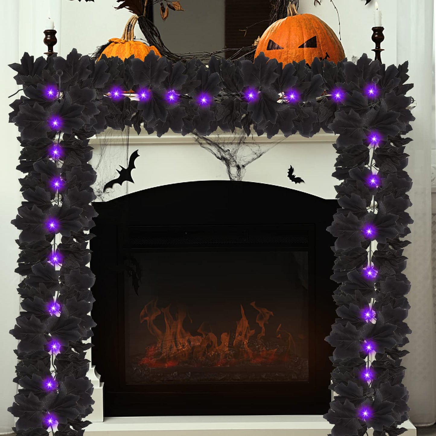 FINGOOO 2 Pack Black Garland Halloween,5.9Ft Black Vines Maple Leaf with Purple Lights for Fireplace Stairs Party Hanging Decor
