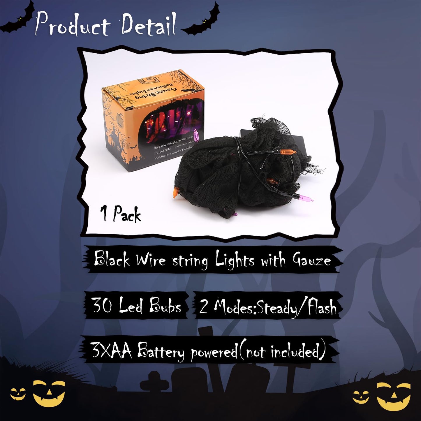 Halloween Decorations String Lights Orange and Purple Indoor 30LED with Black Gauze Timer, 2 Mode Battery Operated 9.9Ft Creepy Cloth Spooky Lights, Gothic Party Room Decor (1PACK)