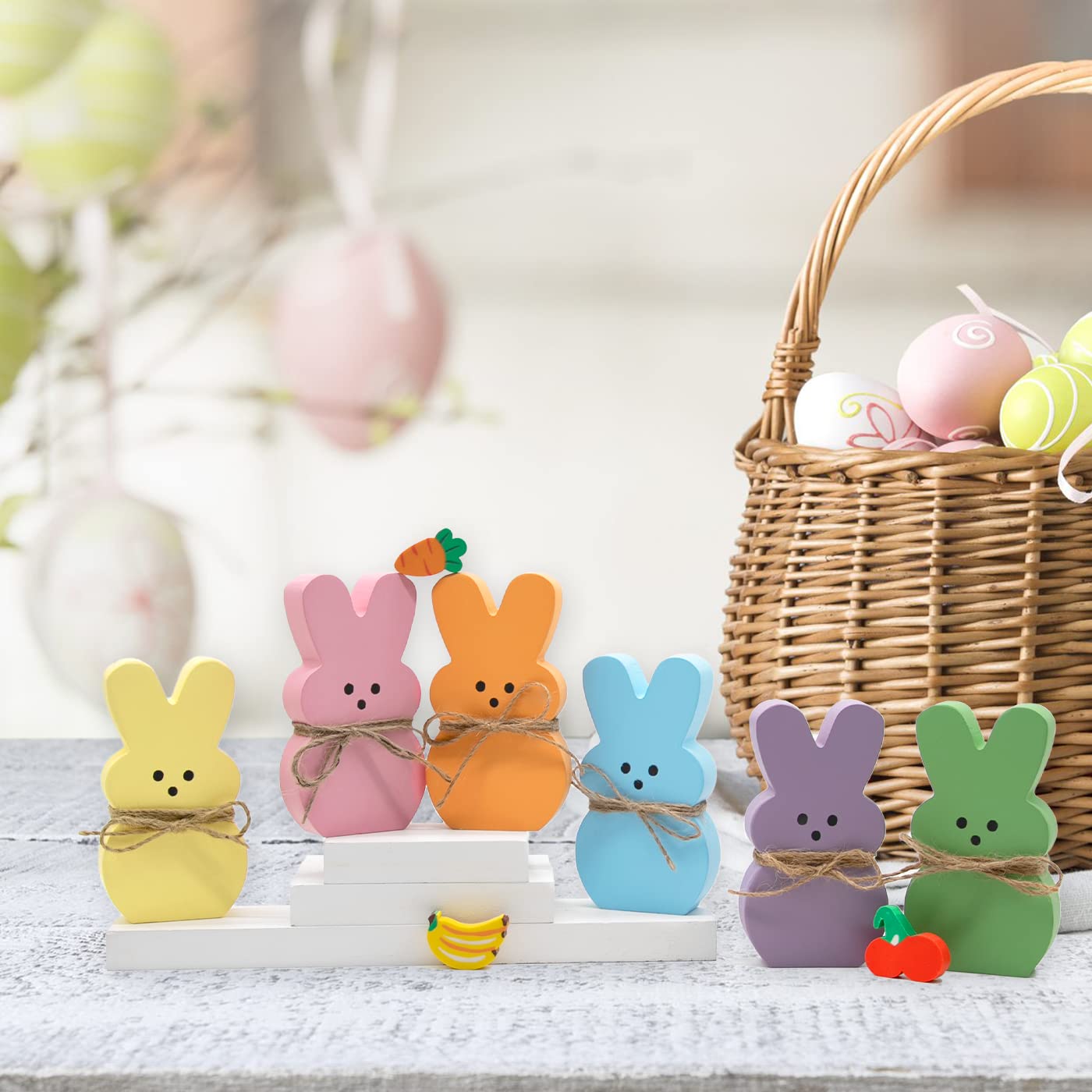 DAZONGE Easter Decorations - 6PCS Wood Bunny Peeps Easter Tiered Tray Decor Signs - Easter Shelf Sitter - Easter Decor for the Home - Spring Wood Decor