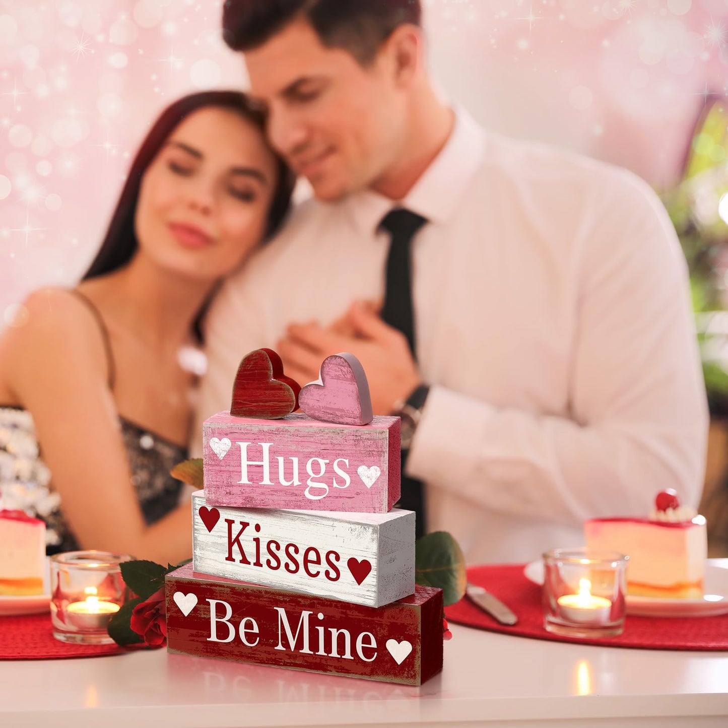 4 Pcs Valentine's Day Table Decorations Wooden Heart Valentine Tiered Tray Decor Valentine Day Centerpiece Rustic Decorative Heart Block Signs Gift Farmhouse Valentines Decor for Home Kitchen