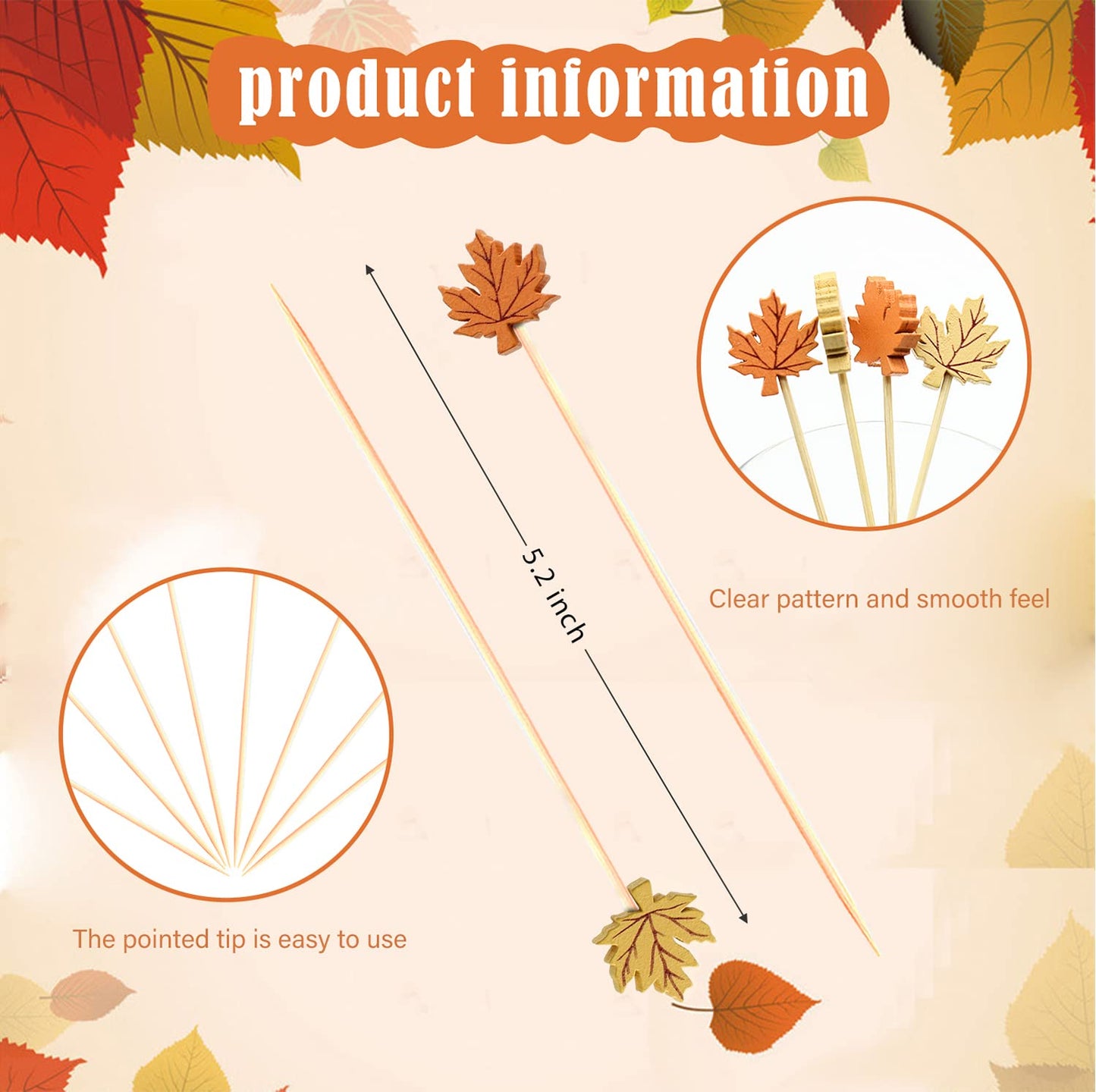 100pcs Maple Leaf Fall Cocktail Picks Long Food Toothpicks Fruit Sticks Sandwich Appetizer Charcuterie Skewers, Made of Bamboo Wood, for Autumn Themed Party Decoration Supplies (Maple Leaves)