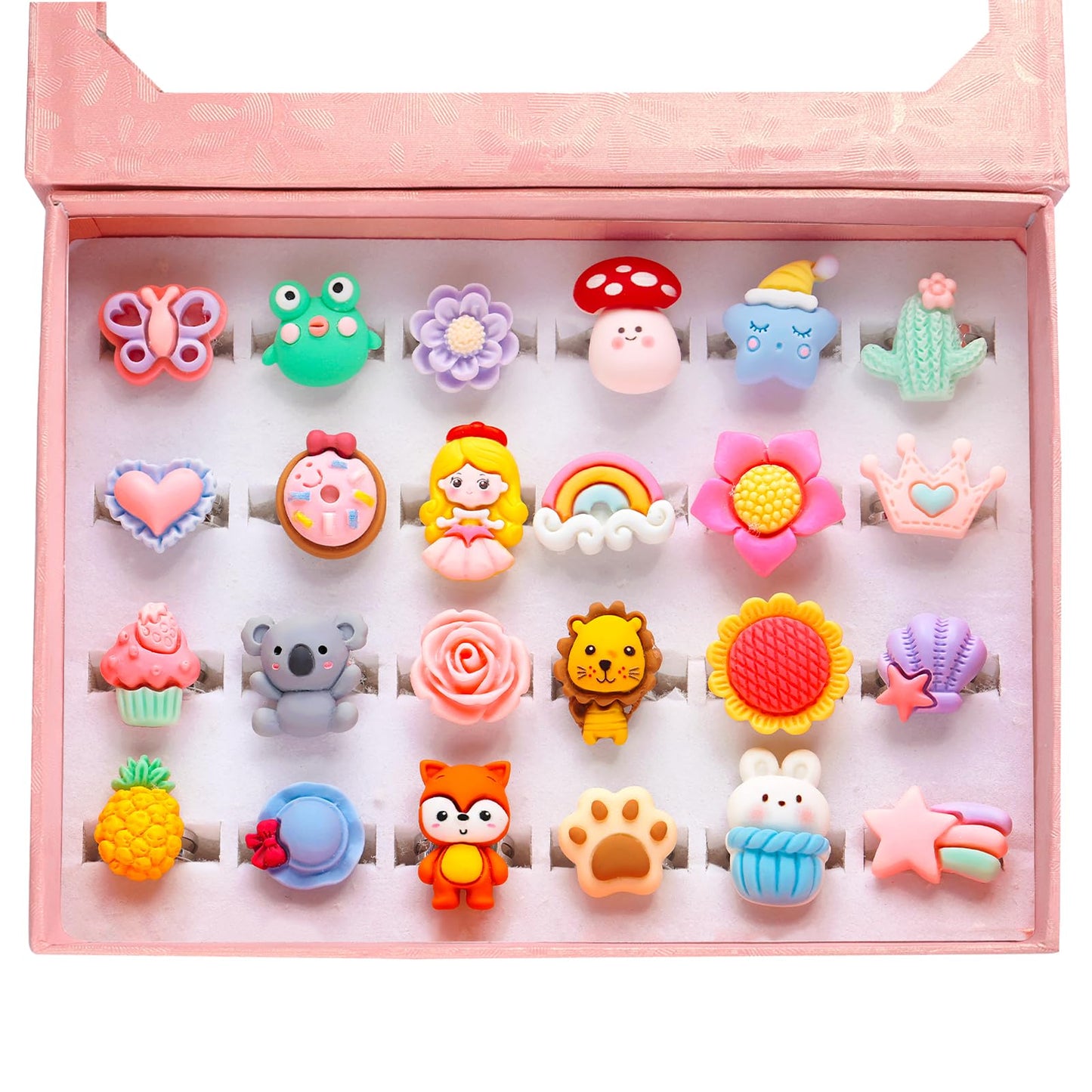 PinkSheep Little Girl Jewel Rings Pink,Adjustable Princess Ring Set in Gift Box,Kids Dress Up Rings for Ages 3-12 with Butterfly, Fox, Rainbow Pretend Play Gift (bling) (Mat)