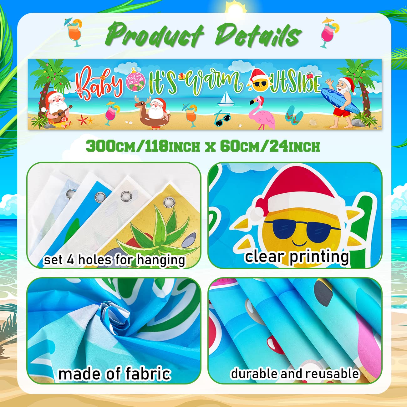 Christmas In July Decorations Baby It’s Warm Outside Banner Summer Christmas Yard Sign with Santa Claus, Beach and Flamingos for Hawaii Christmas Theme Supplies Indoor Outdoor Decorations