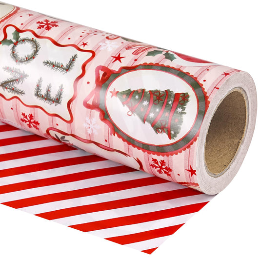 30 Inch Jumbo Reversible Christmas Wrapping Paper - 30 Inch x 33 Feet - Pink & Red Classic Christmas Decor and Stripes Wrapping Paper for Xmas Holiday, Party Celebration