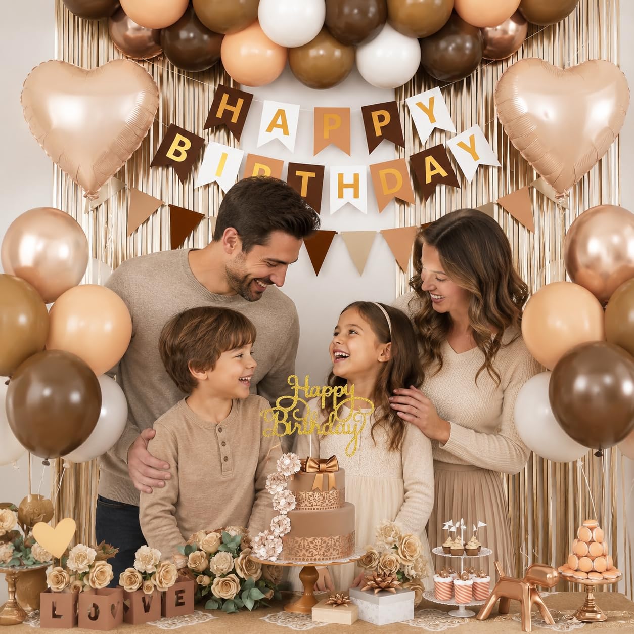 Brown Birthday Decorations,Happy Birthday Banner Beige Cream Neutral Boho Balloons Fringe Curtain Heart Foil Balloons for Women Boys Girls Baby Shower