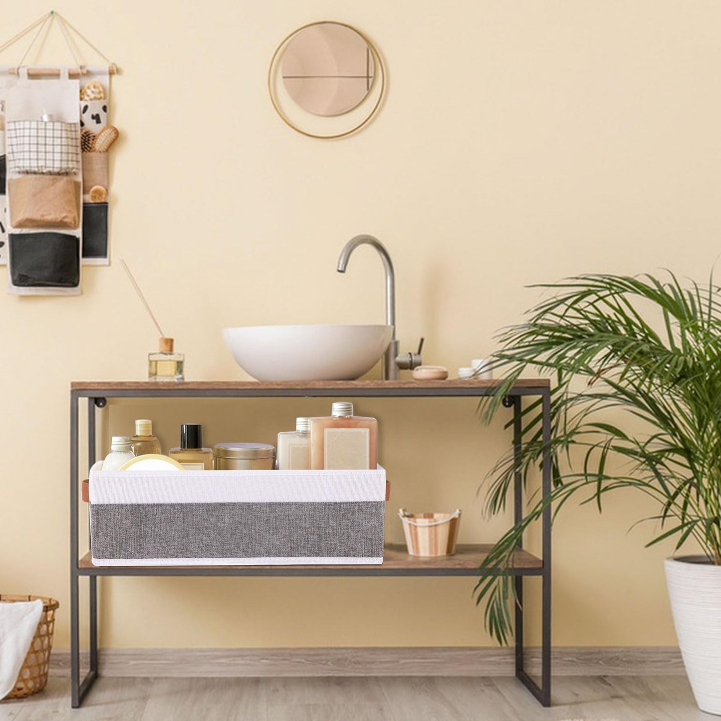 YheenLf Small Storage Basket 1-Pack,Foldable Open Storage Bins, Storage Boxes with Handles, Fabric Storage Containers (White&Gray,15x6x5in