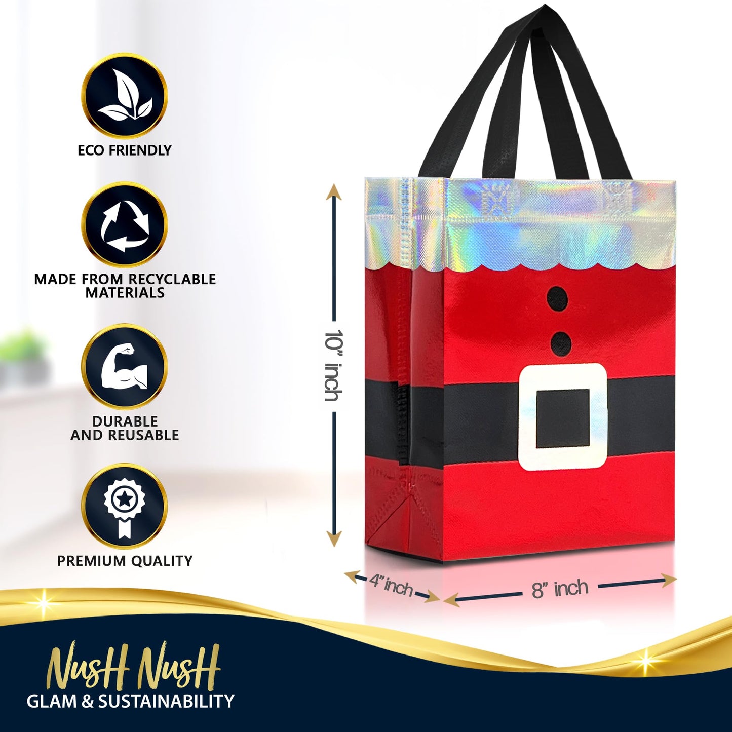 Nush Nush 12 Christmas Gift Bags Medium Size – Reusable Christmas Bags for Gifts With Handles and Holographic Santa Design - Perfect for Holiday Gifts, Presents,Goodies, Xmas Party Favors - 8 x4 x 10