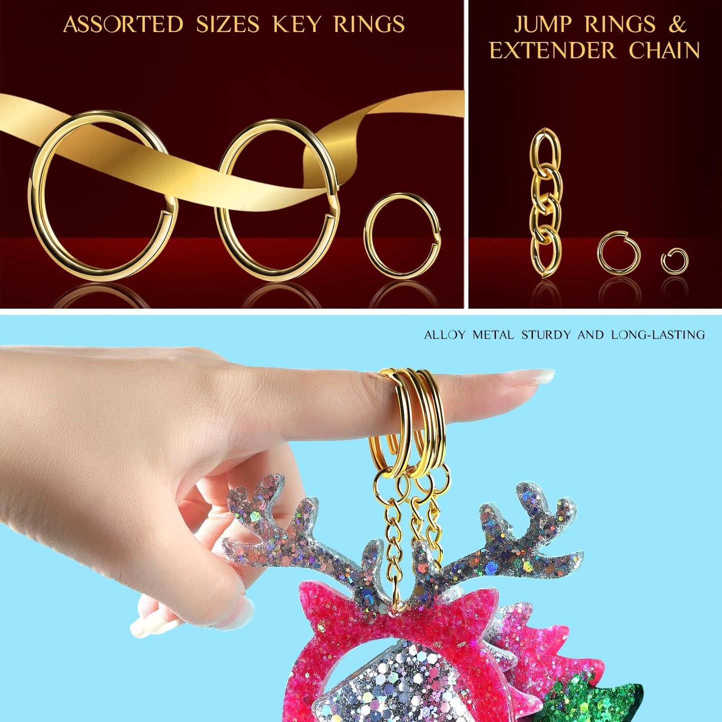 LEOBRO Keychain Making Kit, 265PCS Keychains Clips and Key Rings, Metal Lobster Claw Clasps and Key Chain Rings, Key Rings Bulk, Keychain Rings, Clip for Key Chains, Jewelry Making, Crafts, Gold