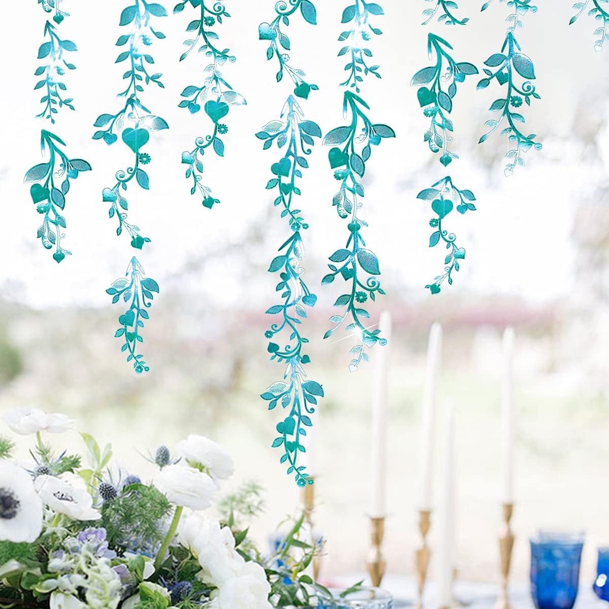 Cheerland Leaf Vine Garlands Teal Blue Hanging Leaves Banner Backdrop Wall Stickers Decorations for Birthday Anniversary Wedding Tea Party Supplies - Pack of 24