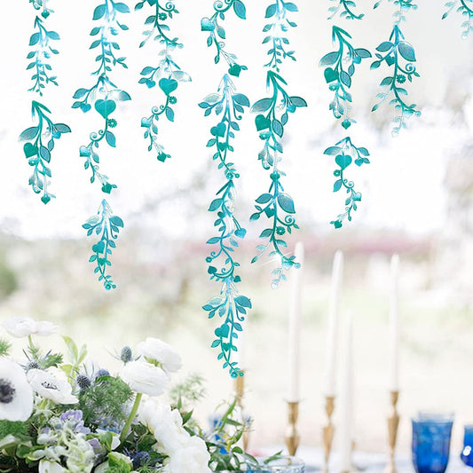 Cheerland Leaf Vine Garlands Teal Blue Hanging Leaves Banner Backdrop Wall Stickers Decorations for Birthday Anniversary Wedding Tea Party Supplies - Pack of 24