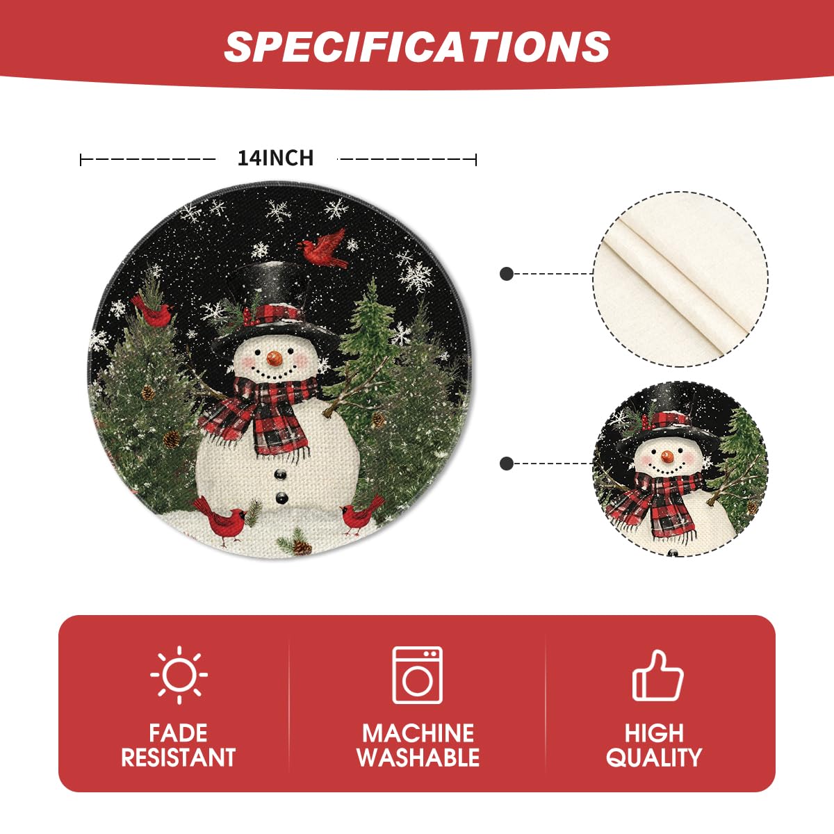 Snowman Trees Snowflakes Christmas Round Placemats Set of 4, 14 Inch Black Winter Round Table Mats for Dining Decoration