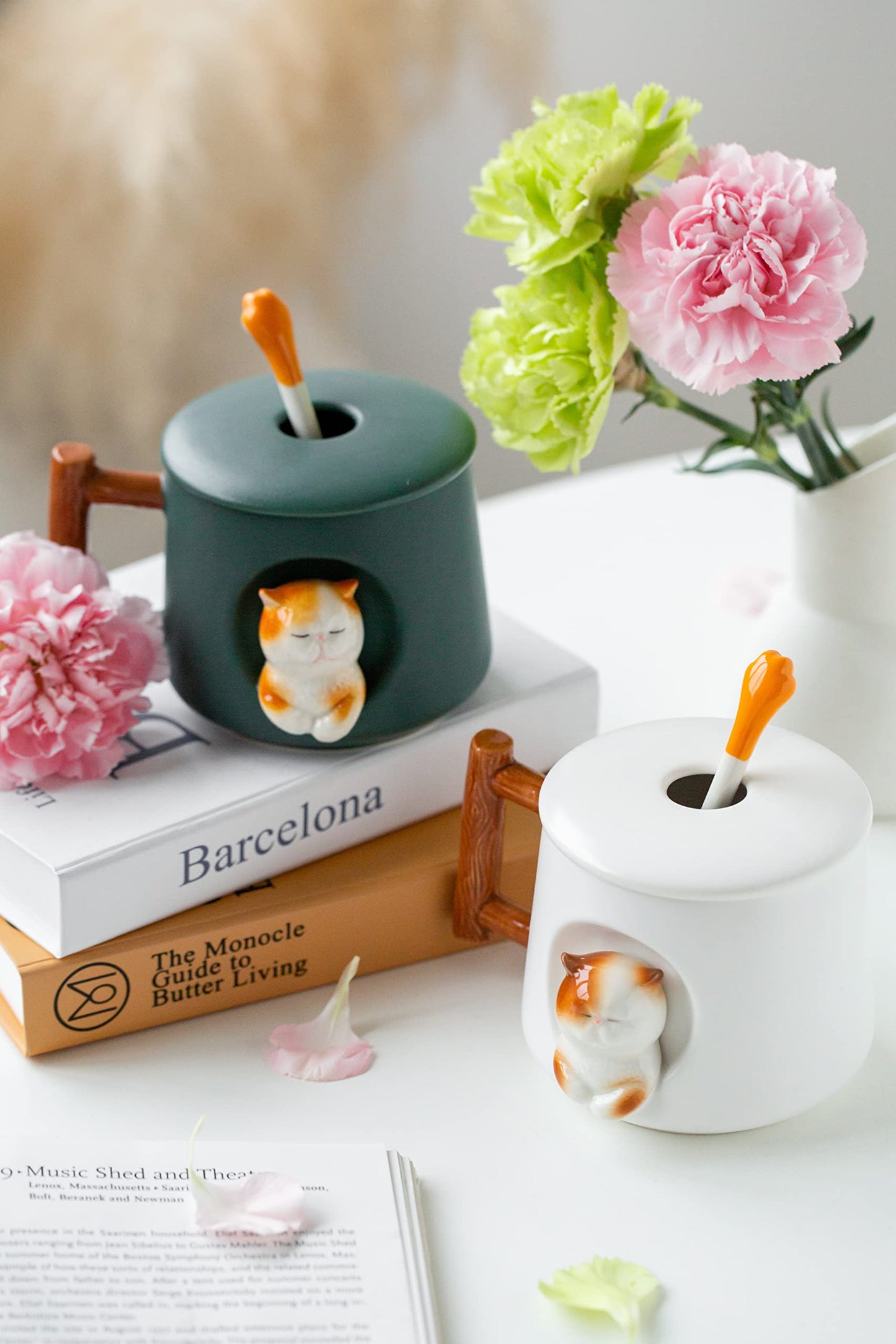 Adorable 3D Ceramic Cat Mug with Lid and Spoon - Perfect for Coffee, Tea, Milk, and More - Ideal Gift for Animal Lovers - 14 Ounces (Green)