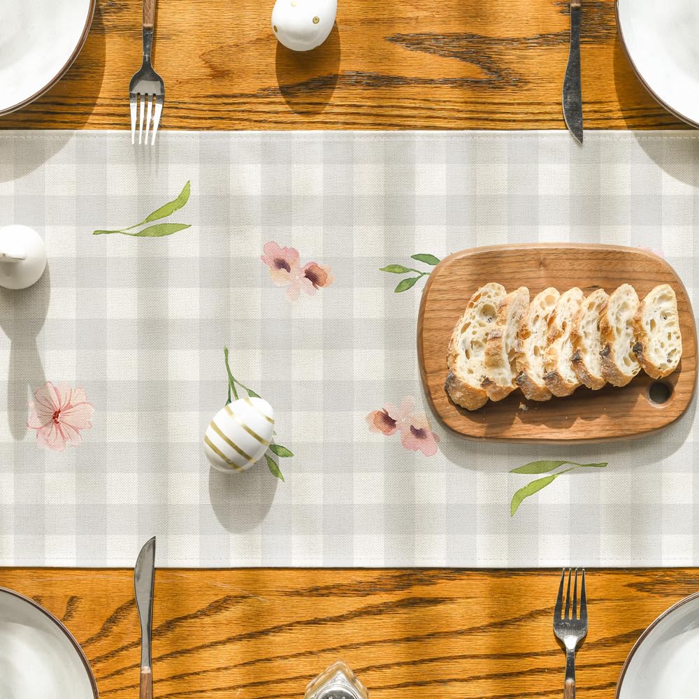 Artoid Mode Buffalo Plaid Bunny Rabbit Ears Flower Easter Table Runner, Spring Summer Seasonal Holiday Kitchen Dining Table Decoration for Indoor Outdoor Home Party Decor 13 x 60 Inch