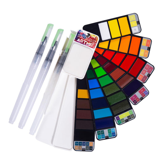 Watercolor Paint set – 42 Assorted Colors with 3 Brushes – Perfect Foldable Watercolor Field Sketch Set for Outdoor Painting –Travel Pocket Watercolor Kit