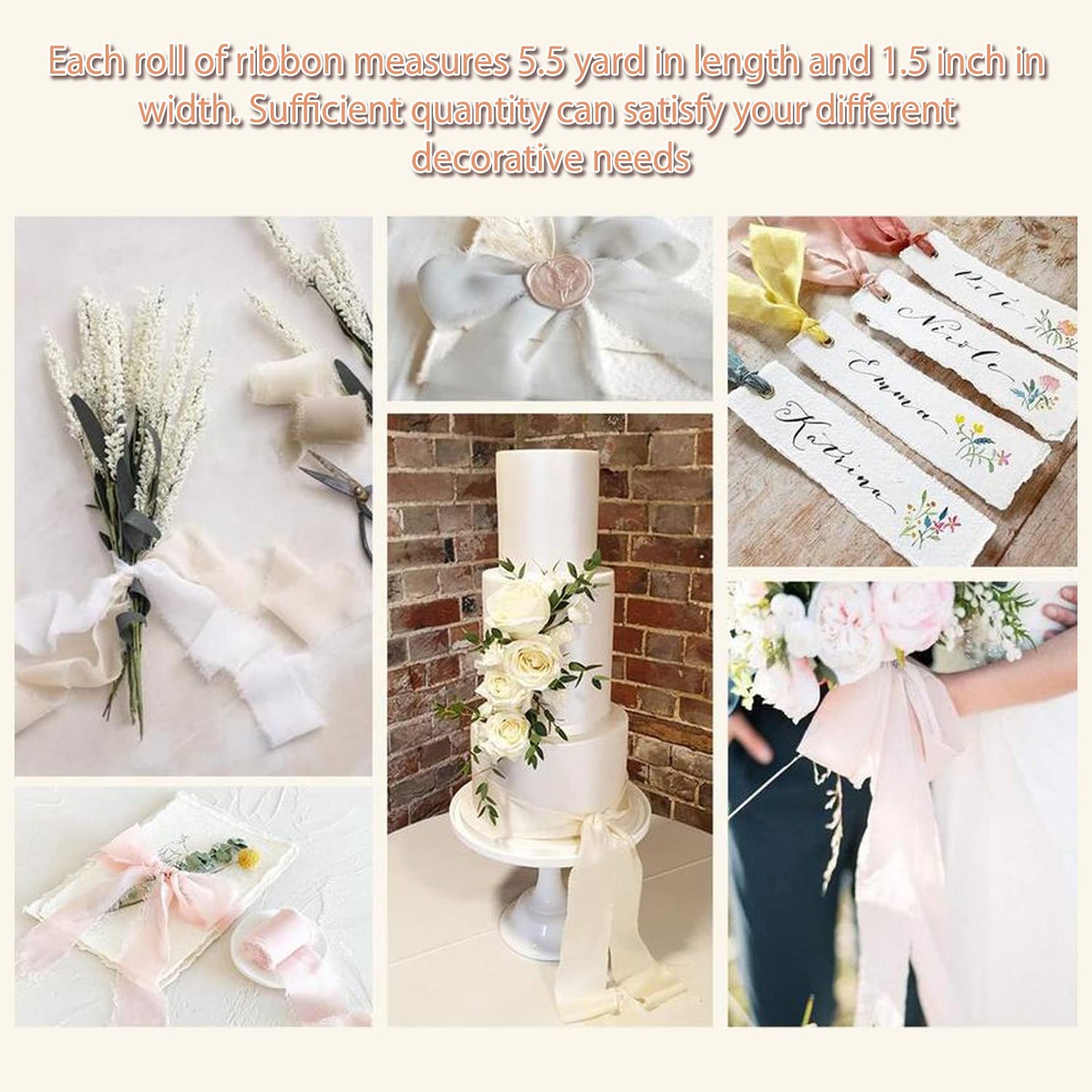 Chiffon Ribbon Fringe Silk Ribbon 9 Rolls Handmade Frayed Edges Ribbon 1.5 Inch x 3 Yard Fabric Boho Ribbon for Gift Wrapping Wedding Invitations Decoration DIY Craft Bridal Bouquets