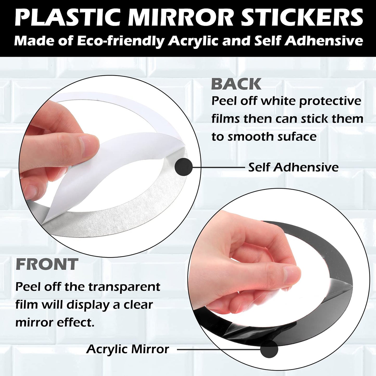 Outus 72 Pieces Wall Stickers Acrylic Circle Mirror Removable Round Dots Mirror Wall Decoration Wall Decals Murals for Home Living Room Bedroom Decor(Silver, Black)