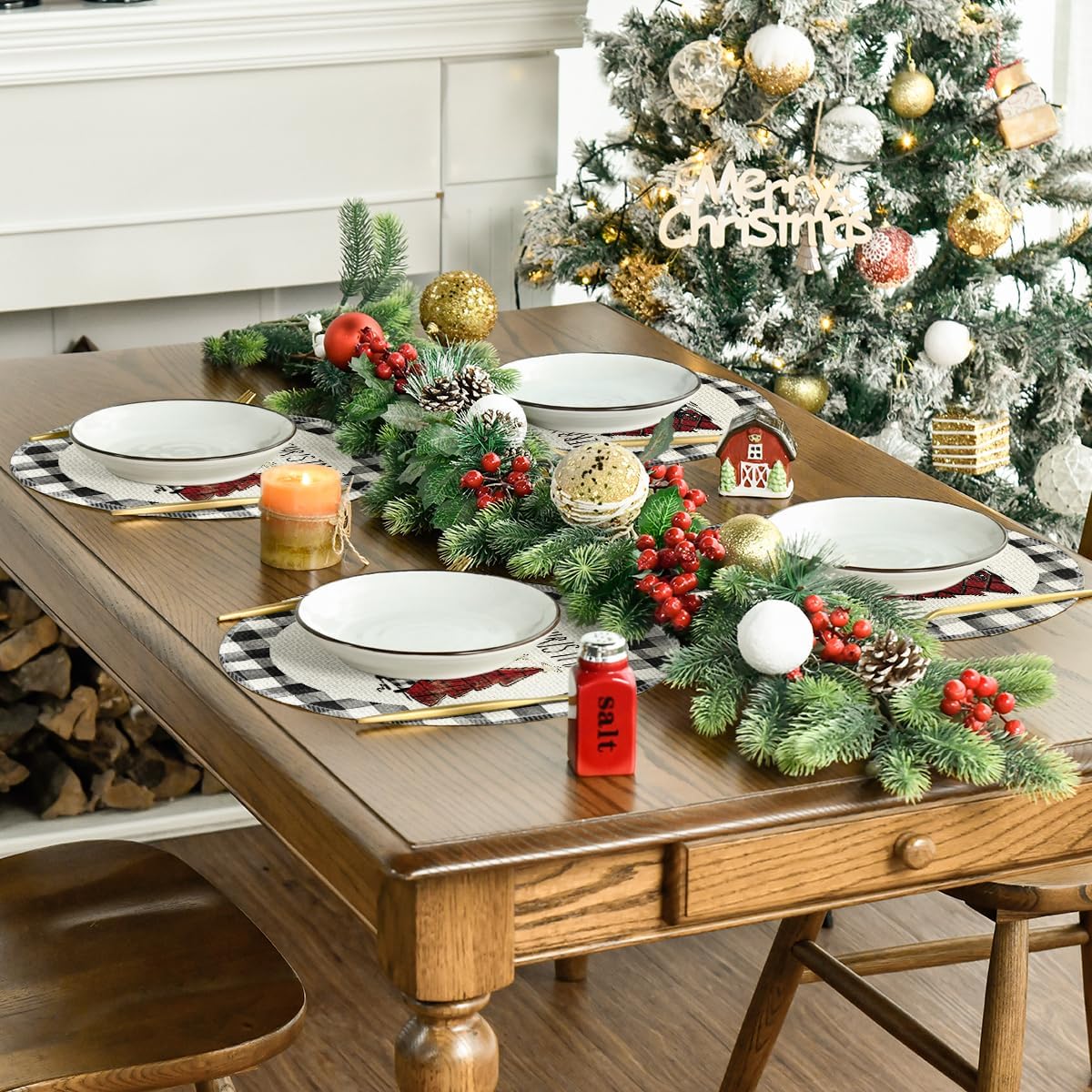 Artoid Mode Waterclor Buffalo Plaid Christmas Trees Merry Xmas Round Placemats Set of 6, 14 Inch Seasonal Winter Round Table Mats for Dining Decoration