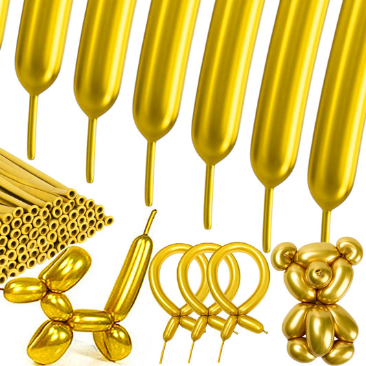 SULALABOO 260 Balloons Gold Metallic 100PCS Latex Long Shiny Balloon to Twisting Flowers Animals for Birthday Party Anniversary Wedding or Other Party Events and Festivals DIY