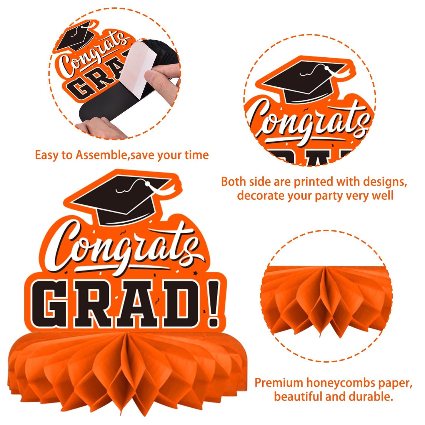 9PCS Graduation Party Decorations Class of 2026 Congrats Grad Table Centerpiece Congratulate Graduation Honeycomb Table Toppers for Graduation Party Supplies(Orange,Black）