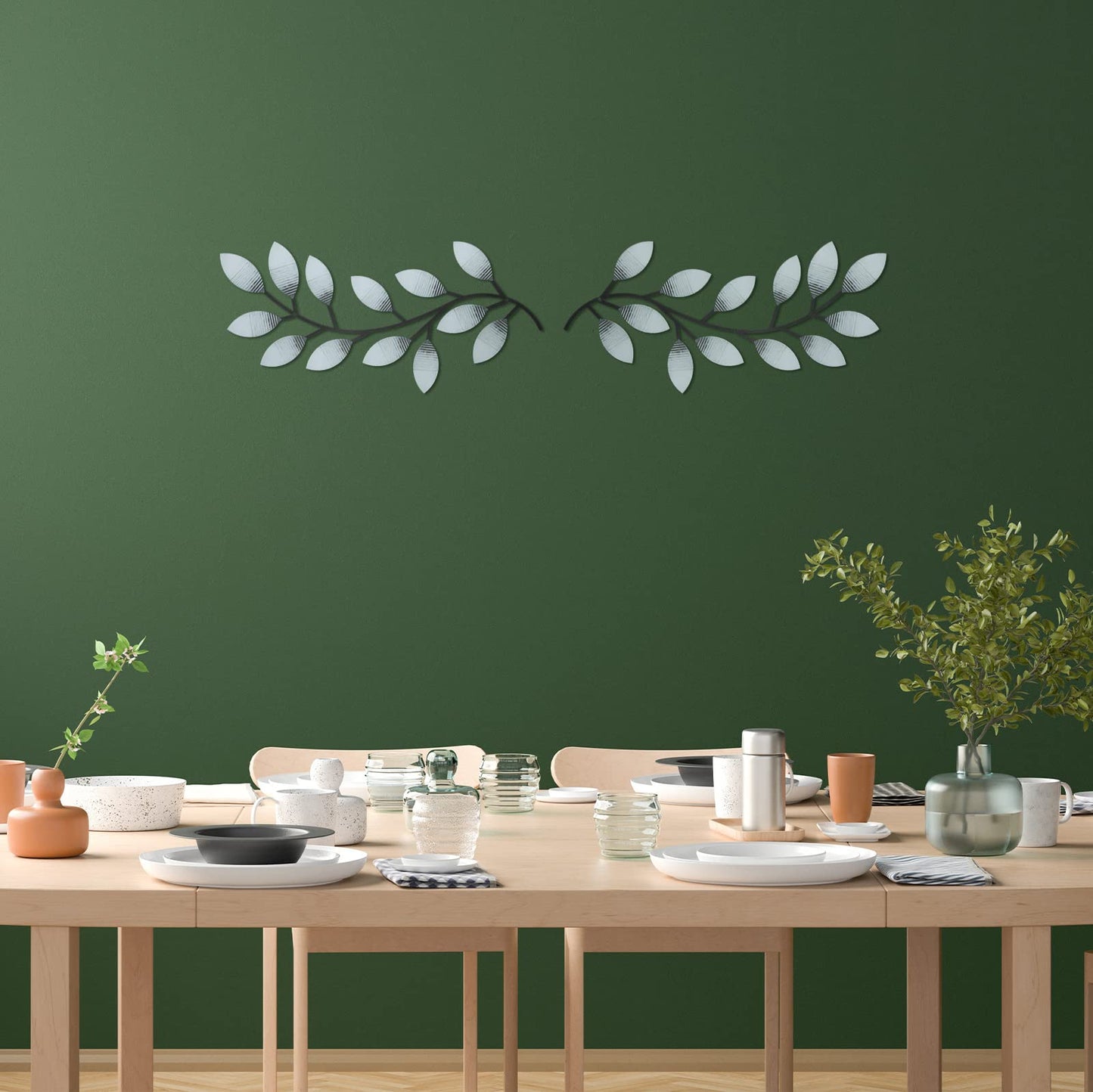 2 Pieces Metal Tree Leaf Wall Decor Vine Olive Branch Leaf Wall Art Living Room, Hallway Wall Decor Outdoor Decoration(Retro White)